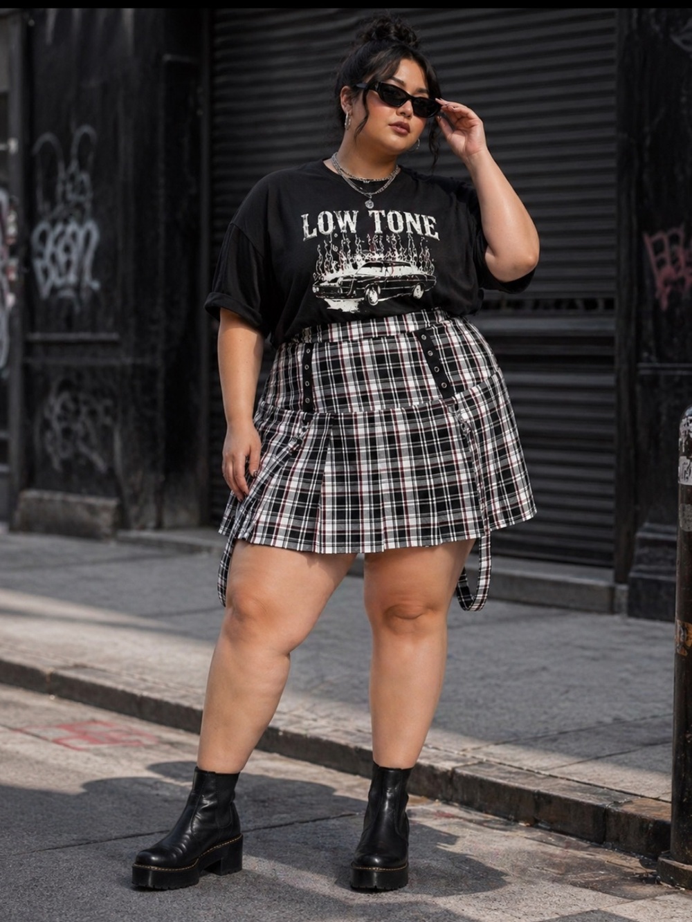 Hot Topic Black White & Red Plaid Grommet Suspender Skirt Plus